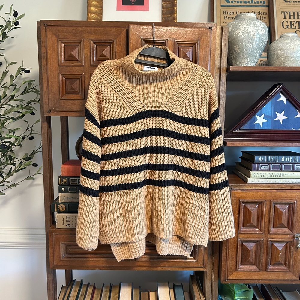 Old Navy Tan and Black Striped Turtleneck Sweater